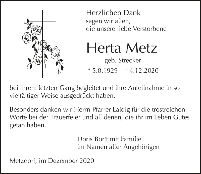  Traueranzeige für Herta Metz vom 28.12.2020 aus GESAMT