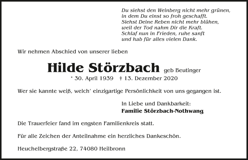  Traueranzeige für Hilde Störzbach vom 19.12.2020 aus GESAMT