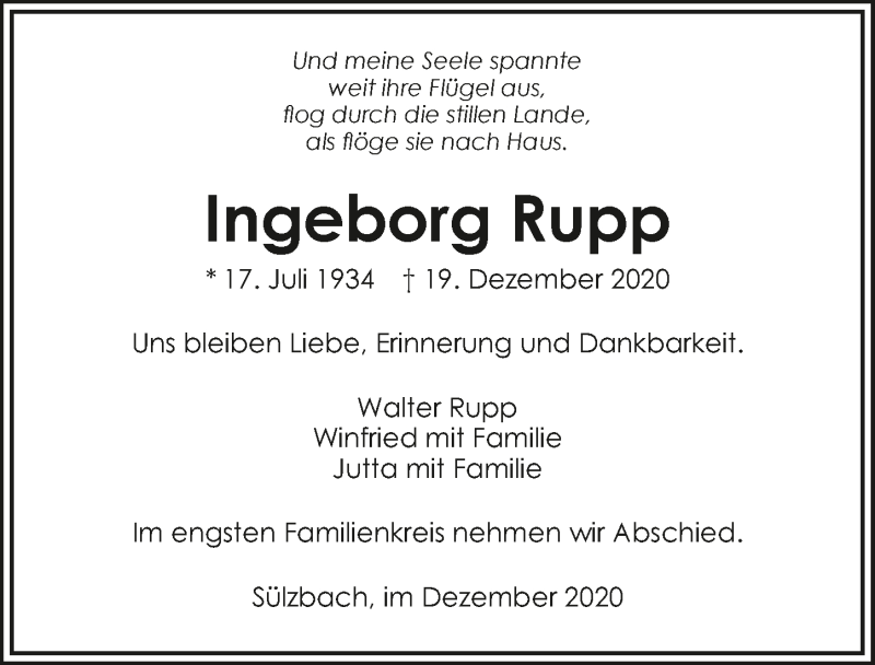  Traueranzeige für Ingeborg Rupp vom 22.12.2020 aus GESAMT