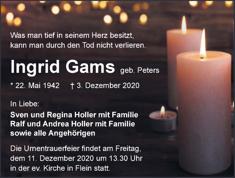  Traueranzeige für Ingrid Gams vom 05.12.2020 aus GESAMT