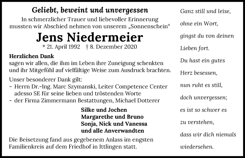 Traueranzeige für Jens Niedermeier vom 23.12.2020 aus GESAMT