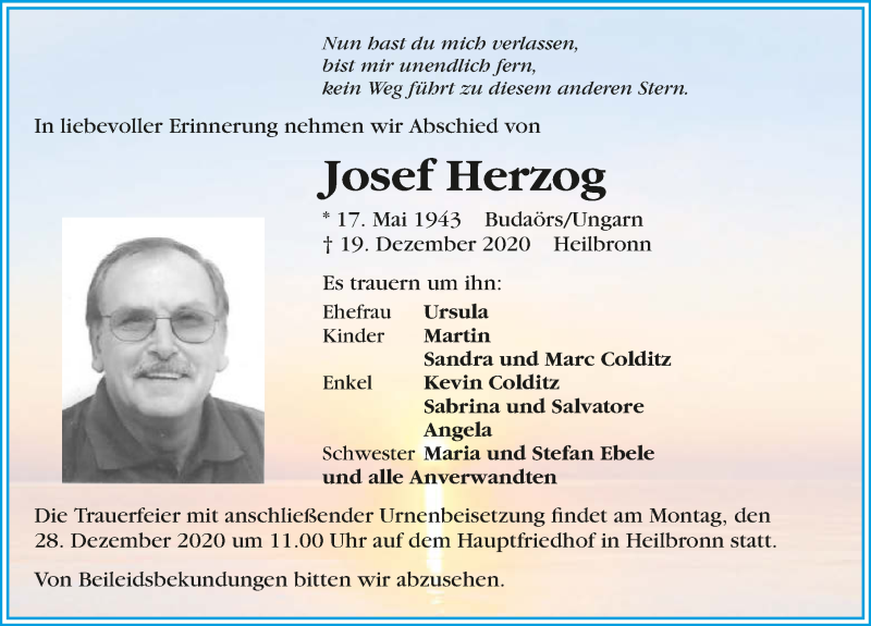  Traueranzeige für Josef Herzog vom 23.12.2020 aus GESAMT