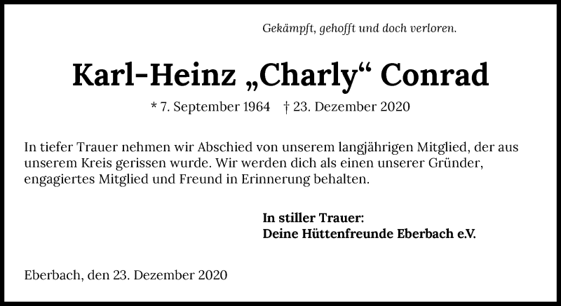  Traueranzeige für Karl-Heinz Conrad vom 30.12.2020 aus GESAMT
