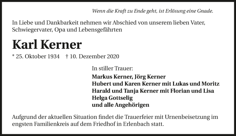  Traueranzeige für Karl Kerner vom 16.12.2020 aus GESAMT