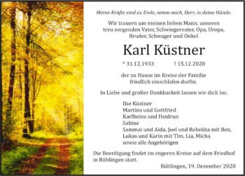 Traueranzeige von Karl Küstner von GESAMT