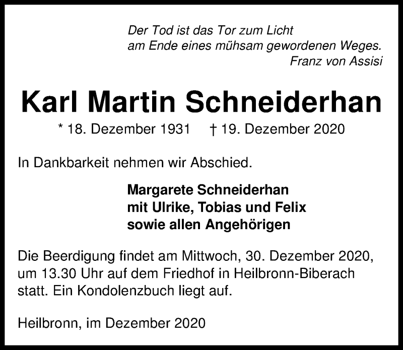  Traueranzeige für Karl Schneiderhan vom 23.12.2020 aus GESAMT