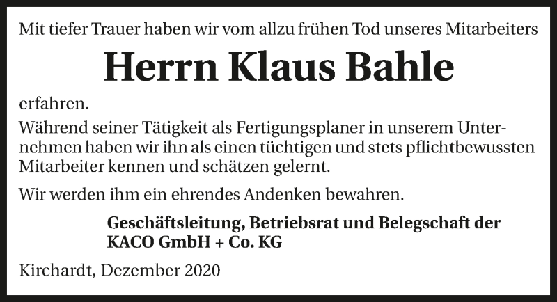  Traueranzeige für Klaus Bahle vom 09.12.2020 aus GESAMT