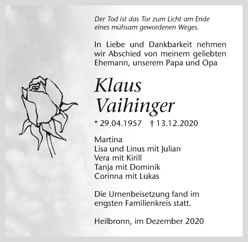  Traueranzeige für Klaus Vaihinger vom 31.12.2020 aus GESAMT