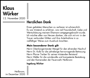 Traueranzeige von Klaus Würker von GESAMT