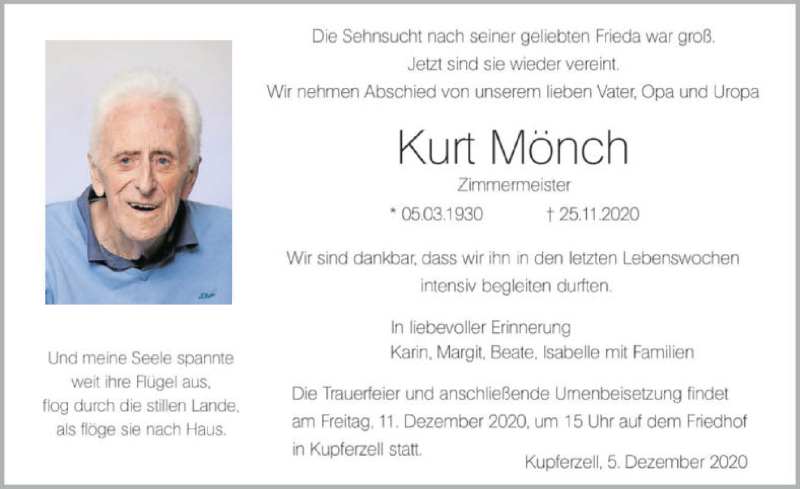  Traueranzeige für Kurt Mönch vom 05.12.2020 aus GESAMT