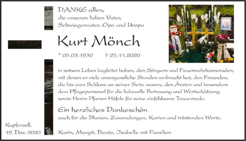  Traueranzeige für Kurt Mönch vom 19.12.2020 aus GESAMT
