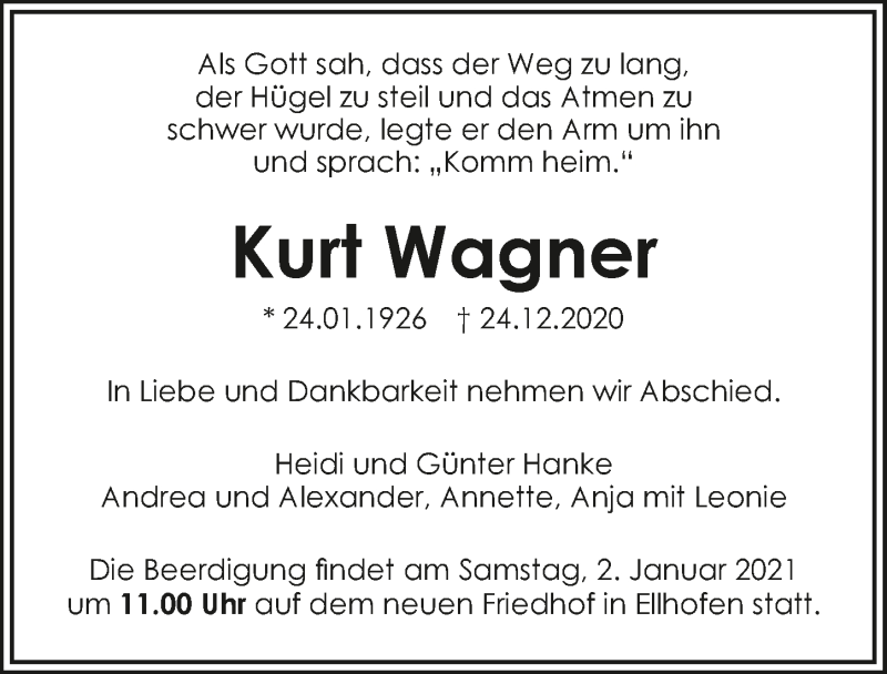  Traueranzeige für Kurt Wagner vom 29.12.2020 aus GESAMT