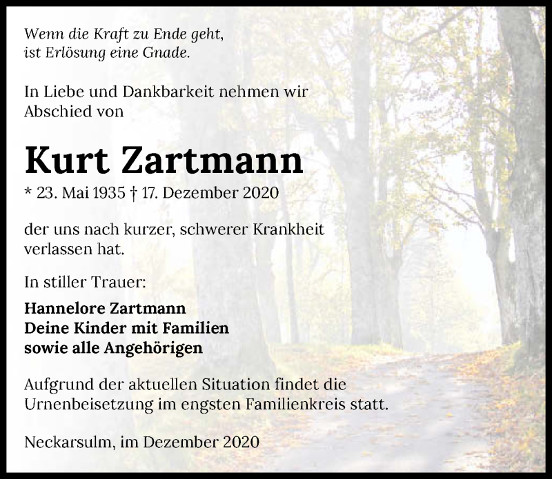  Traueranzeige für Kurt Zartmann vom 23.12.2020 aus GESAMT
