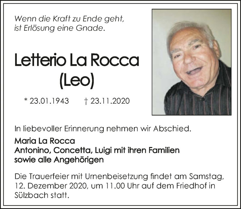  Traueranzeige für Letterio La Rocca vom 05.12.2020 aus GESAMT