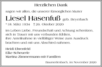 Traueranzeige von Liesel Hasenfuß von GESAMT