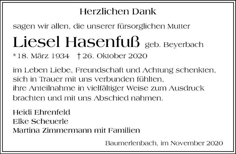  Traueranzeige für Liesel Hasenfuß vom 05.12.2020 aus GESAMT