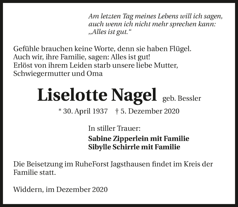  Traueranzeige für Liselotte Nagel vom 12.12.2020 aus GESAMT