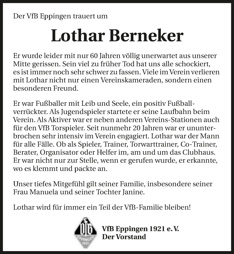  Traueranzeige für Lothar Berneker vom 15.12.2020 aus GESAMT
