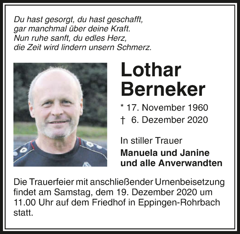  Traueranzeige für Lothar Berneker vom 12.12.2020 aus GESAMT