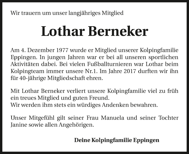  Traueranzeige für Lothar Berneker vom 16.12.2020 aus GESAMT