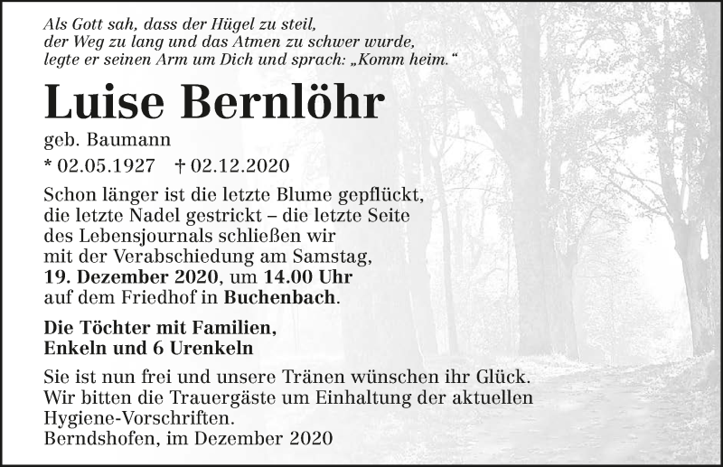  Traueranzeige für Luise Bernlöhr vom 16.12.2020 aus GESAMT