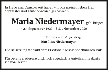 Traueranzeige von Maria Niedermayer von GESAMT