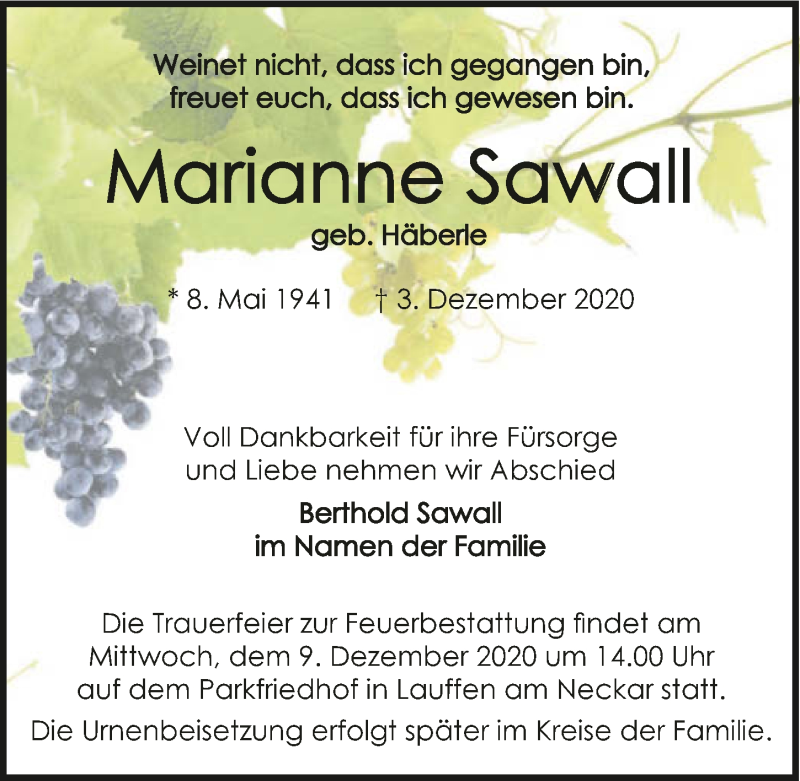  Traueranzeige für Marianne Sawall vom 05.12.2020 aus GESAMT