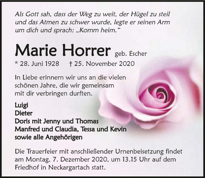  Traueranzeige für Marie Horrer vom 02.12.2020 aus GESAMT