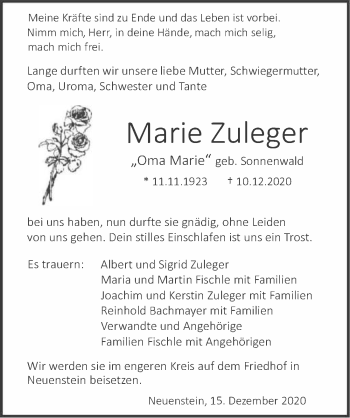 Traueranzeige von Marie Zuleger von GESAMT