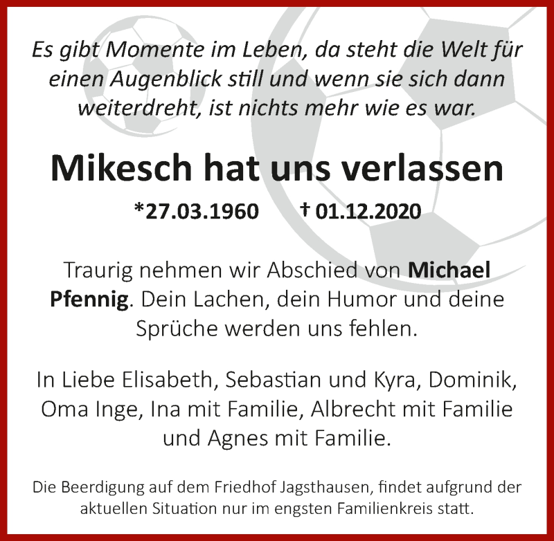  Traueranzeige für Michael Pfennig vom 05.12.2020 aus GESAMT