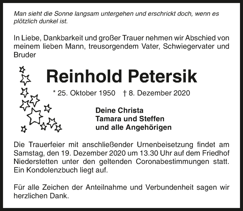  Traueranzeige für Reinhold Petersik vom 16.12.2020 aus GESAMT
