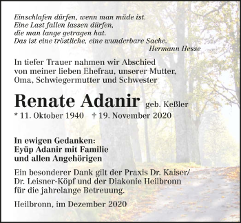 Traueranzeige von Renate Adanir von GESAMT