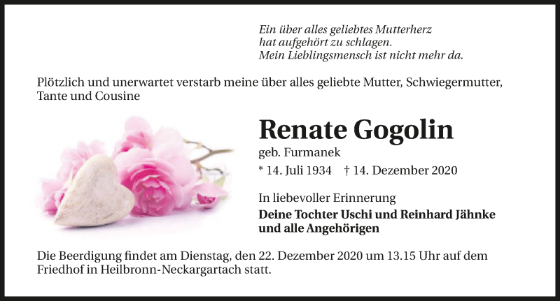  Traueranzeige für Renate Gogolin vom 18.12.2020 aus GESAMT