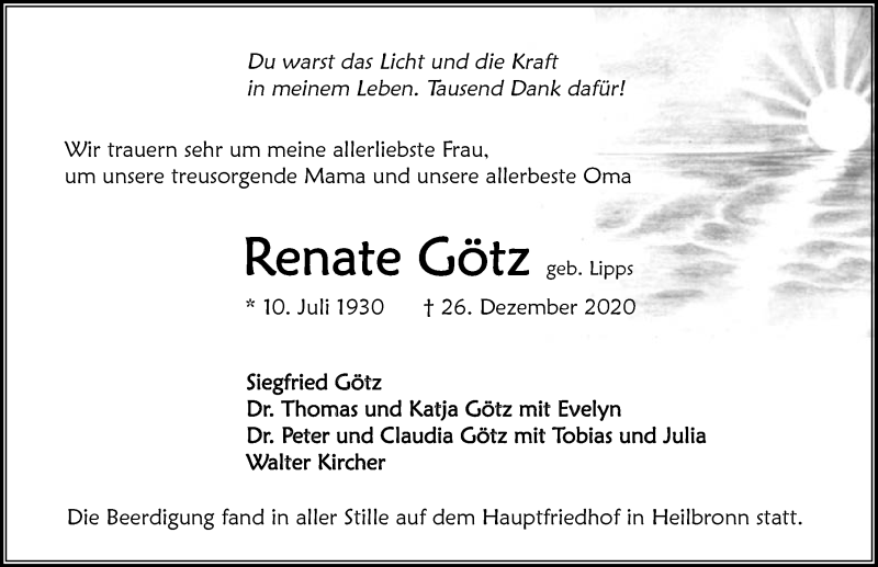  Traueranzeige für Renate Götz vom 31.12.2020 aus GESAMT