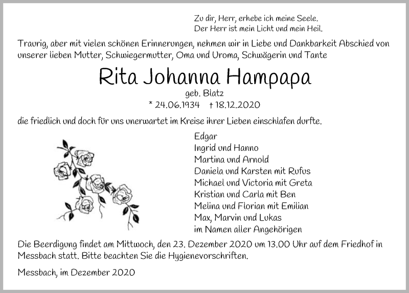  Traueranzeige für Rita Johanna Hampapa vom 22.12.2020 aus GESAMT