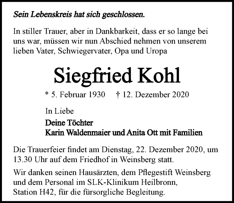  Traueranzeige für Siegfried Kohl vom 17.12.2020 aus GESAMT