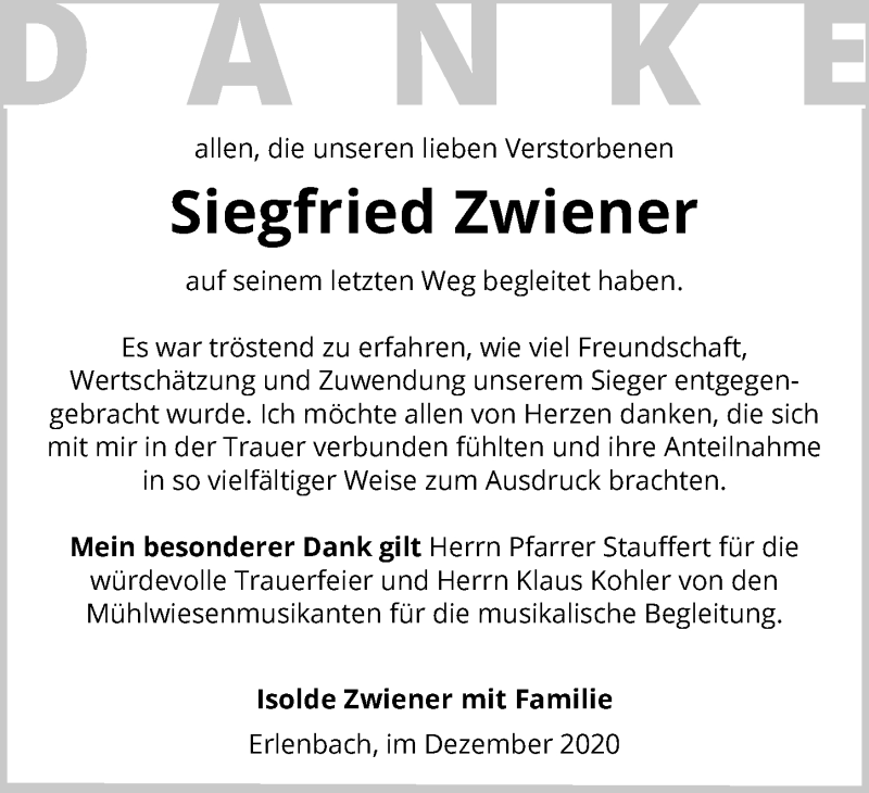  Traueranzeige für Siegfried Zwiener vom 18.12.2020 aus GESAMT