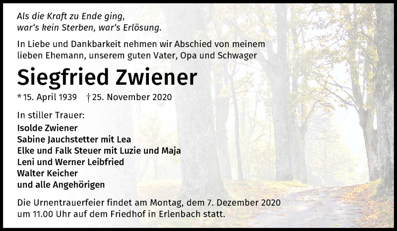 Traueranzeige für Siegfried Zwiener vom 02.12.2020 aus GESAMT