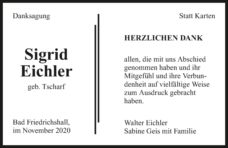  Traueranzeige für Sigrid Eichler vom 02.12.2020 aus GESAMT