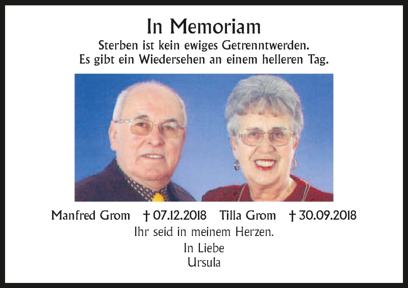  Traueranzeige für Tilla Grom vom 07.12.2020 aus GESAMT