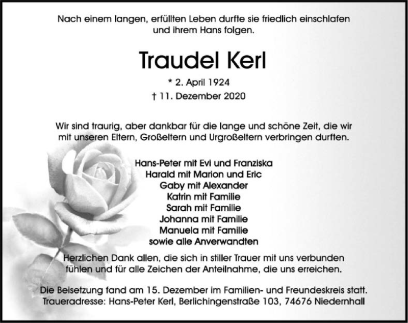  Traueranzeige für Traudel Kerl vom 17.12.2020 aus GESAMT