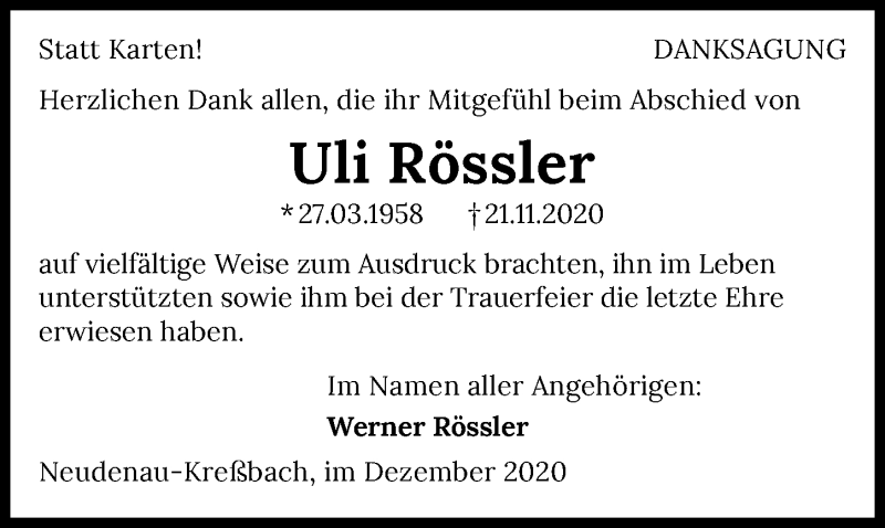  Traueranzeige für Uli Rössler vom 22.12.2020 aus GESAMT