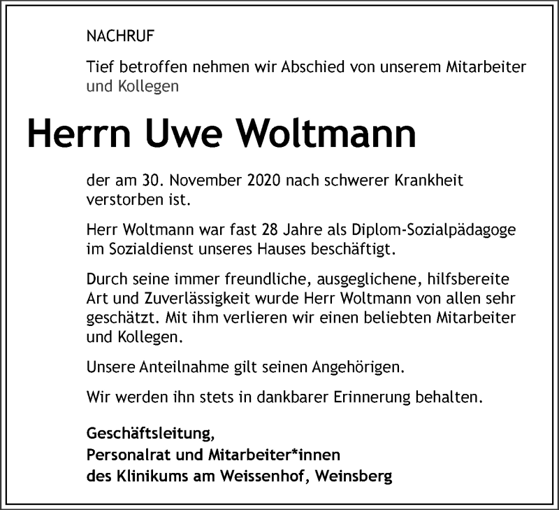  Traueranzeige für Uwe Woltmann vom 09.12.2020 aus GESAMT