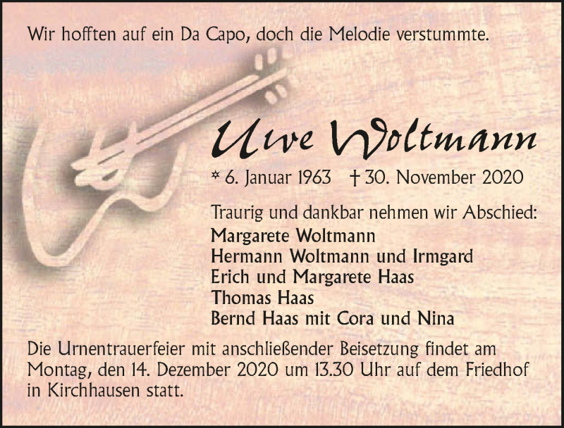  Traueranzeige für Uwe Woltmann vom 09.12.2020 aus GESAMT