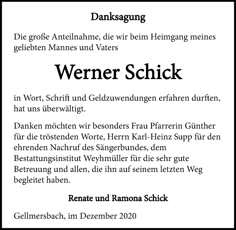  Traueranzeige für Werner Schick vom 30.12.2020 aus GESAMT