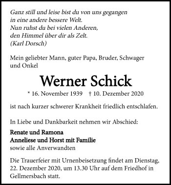 Traueranzeige von Werner Schick von GESAMT