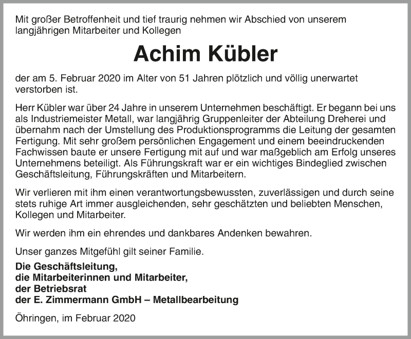 Traueranzeige für Achim Kübler vom 11.02.2020 aus 