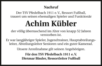 Traueranzeige von Achim Kübler 