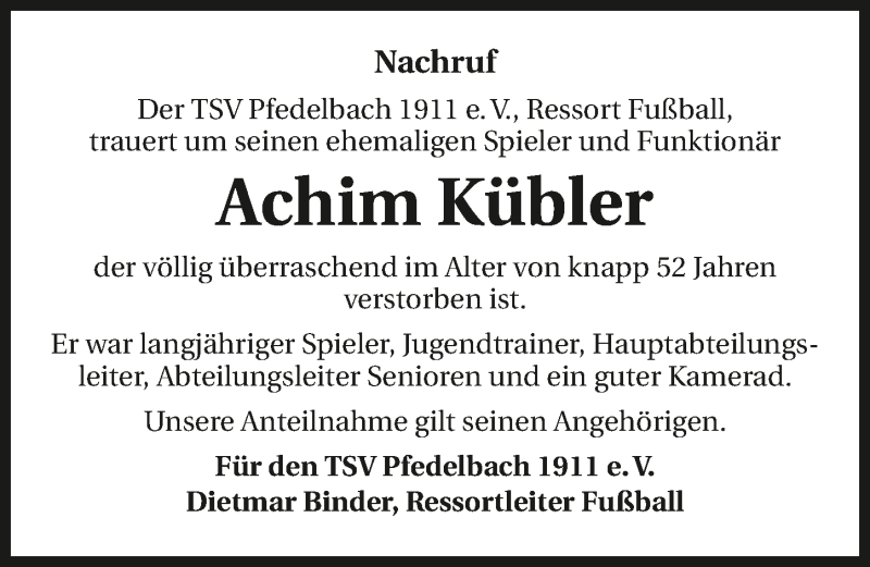  Traueranzeige für Achim Kübler vom 15.02.2020 aus 