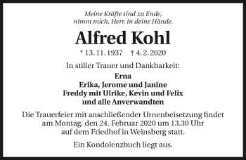 Traueranzeige von Alfred Kohl 
